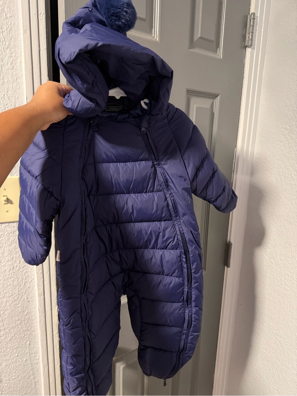 Navy baby/toddler Puffer jumpsuit with Pom Hood
